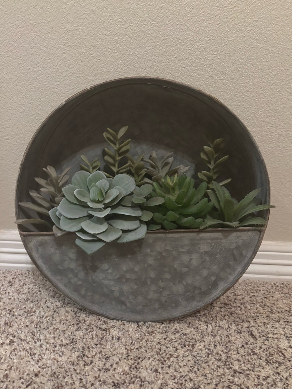 Rustic Gray Metal Wall Planter with Faux Succulents